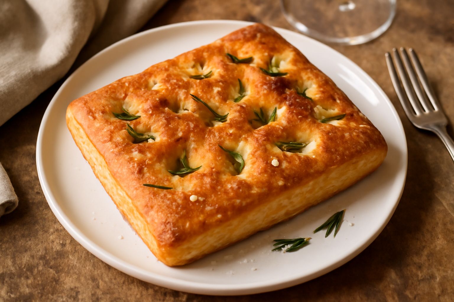 Focaccia d'Imperia appena sfornata, dorata e croccante, con cristalli di sale grosso e rametti di rosmarino fresco in rilievo sulla superficie oleosa, tagliata a quadrotti e disposta su un vassoio di 