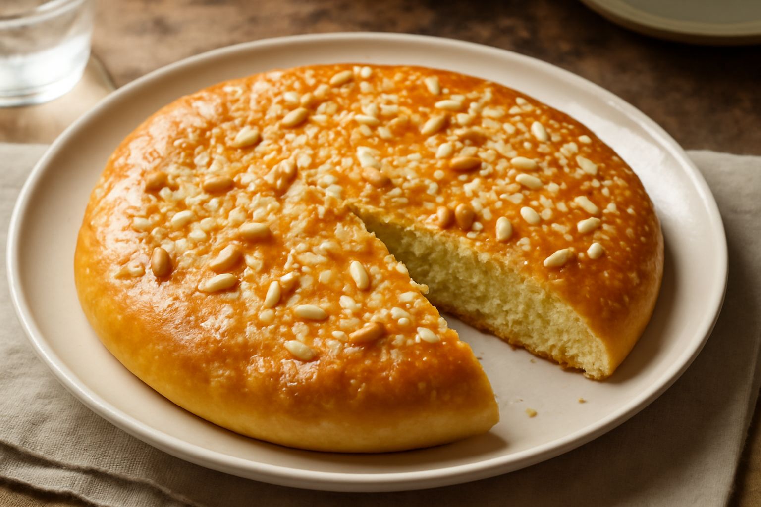 Focaccia dolce dorata e soffice su piatto bianco, cosparsa di granella di zucchero e pinoli, con una fetta leggermente staccata che mostra la mollica morbida e soffice