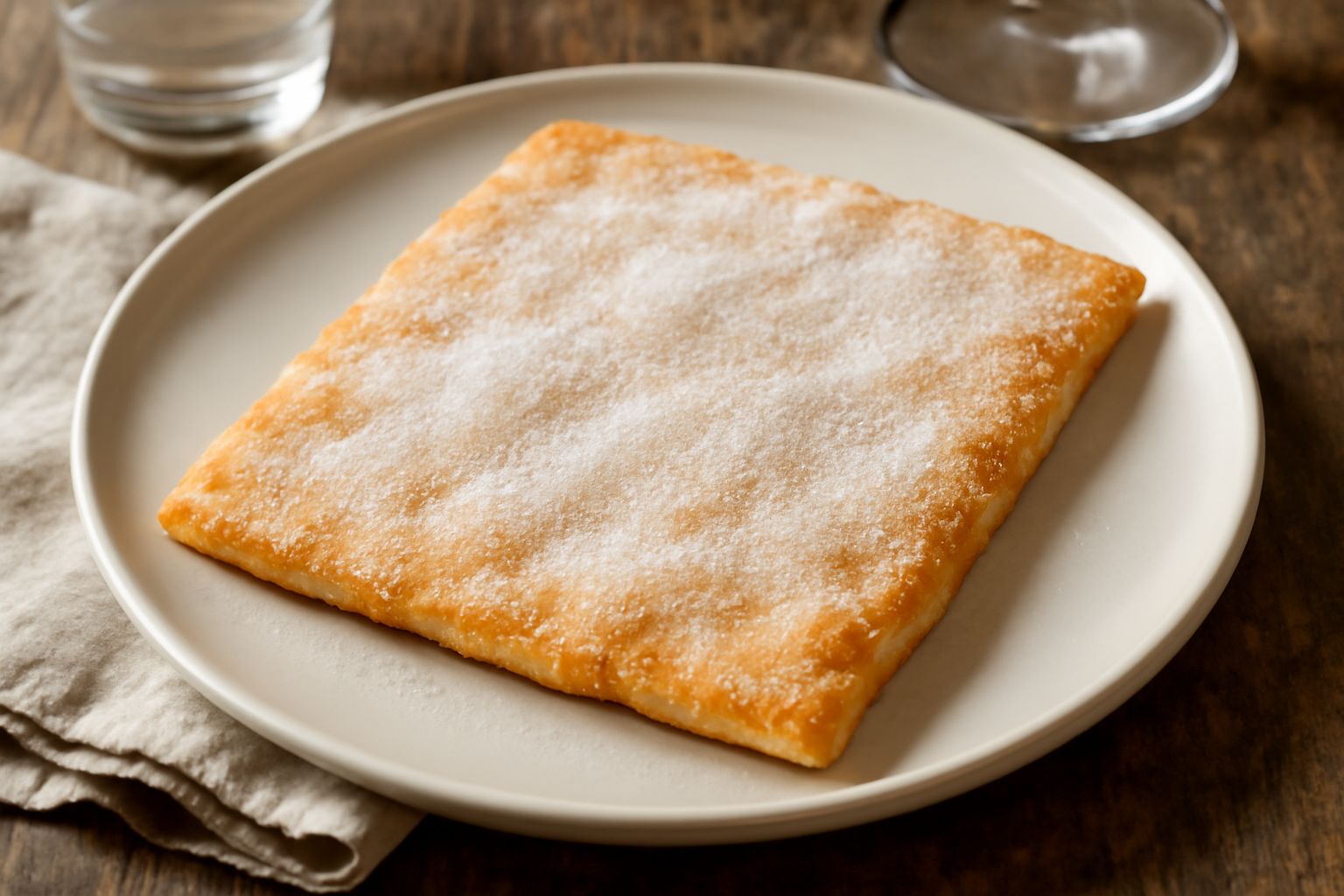 Focaccia dolce di Recco rettangolare, sottile e dorata, ricoperta di zucchero semolato cristallizzato, intera su un piatto bianco con gocce di olio d'oliva visibili sulla superficie croccante