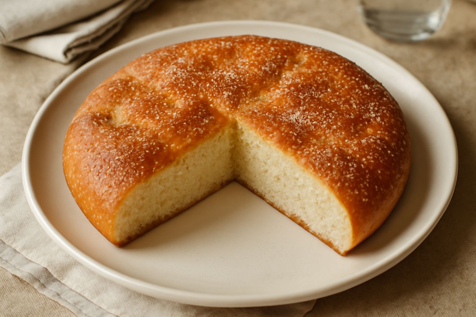 Focaccia dolce di semola affettata su tavolo di legno, dalla crosta dorata e la mollica morbida color avorio, con cristalli di zucchero visibili in superficie