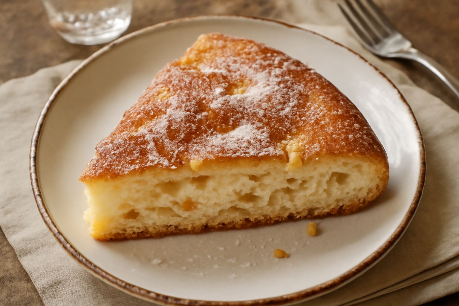 Focaccia dolce ligure dorata su piatto bianco, con glassa di zucchero semolato brillante in superficie, pinoli sparsi e una sottile crosticina croccante ai bordi