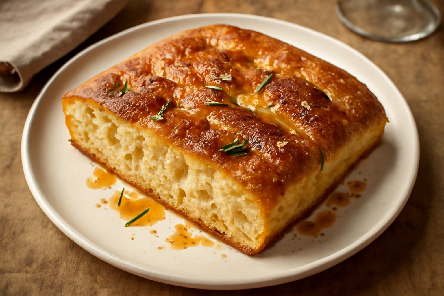 Focaccia dolce salata appena sfornata su carta bianca, dorata in superficie, cosparsa di grani di sale brillanti, fili di miele caramellati e ago di rosmarino verde, vapore ancora visibile