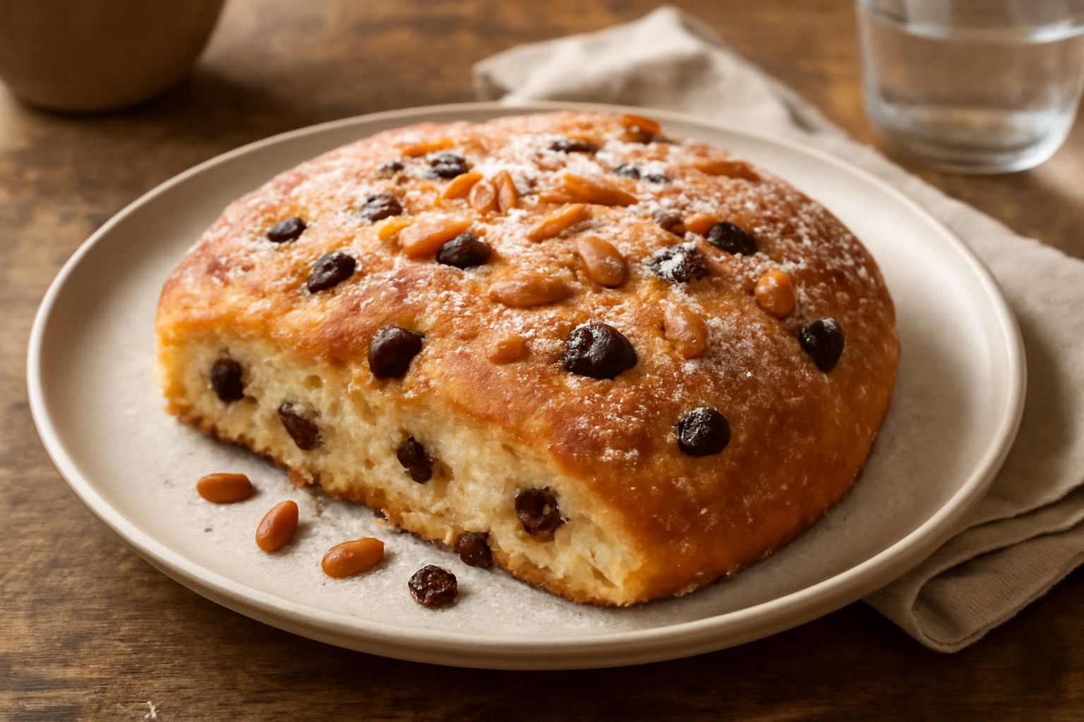 Focaccia dolce trentina rettangolare, dorata e soffice, cosparsa di zucchero a velo bianco, con uvetta visibile e pinoli sparsi in superficie, su un piatto bianco
