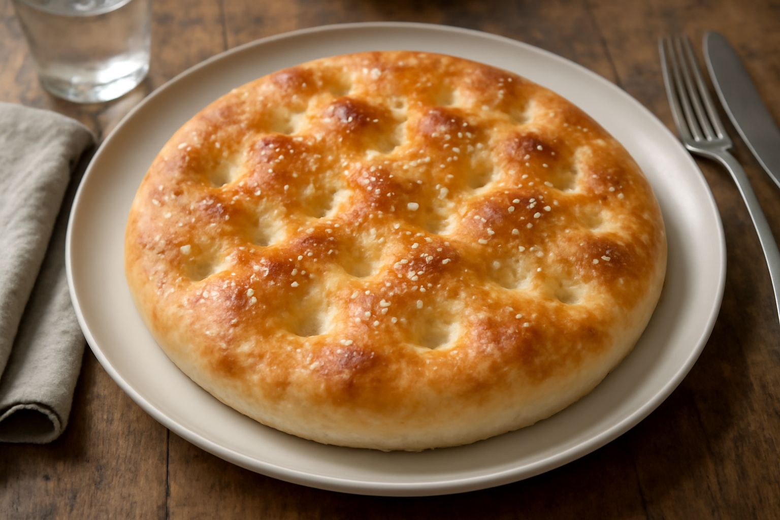 Focaccia d'olio tonda su carta bianca, dorata e croccante, con tracce di olio lucido e sale marino grosso sparso in superficie, ancora tiepida