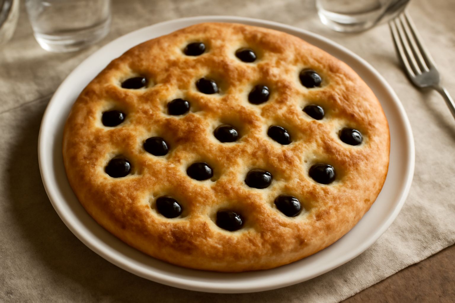 Focaccia d'olive quadrata su carta da forno, superficie dorata e leggermente oleata, con olive nere scure visibili nella pasta, spessore due centimetri, sfogliatura croccante ai bordi.