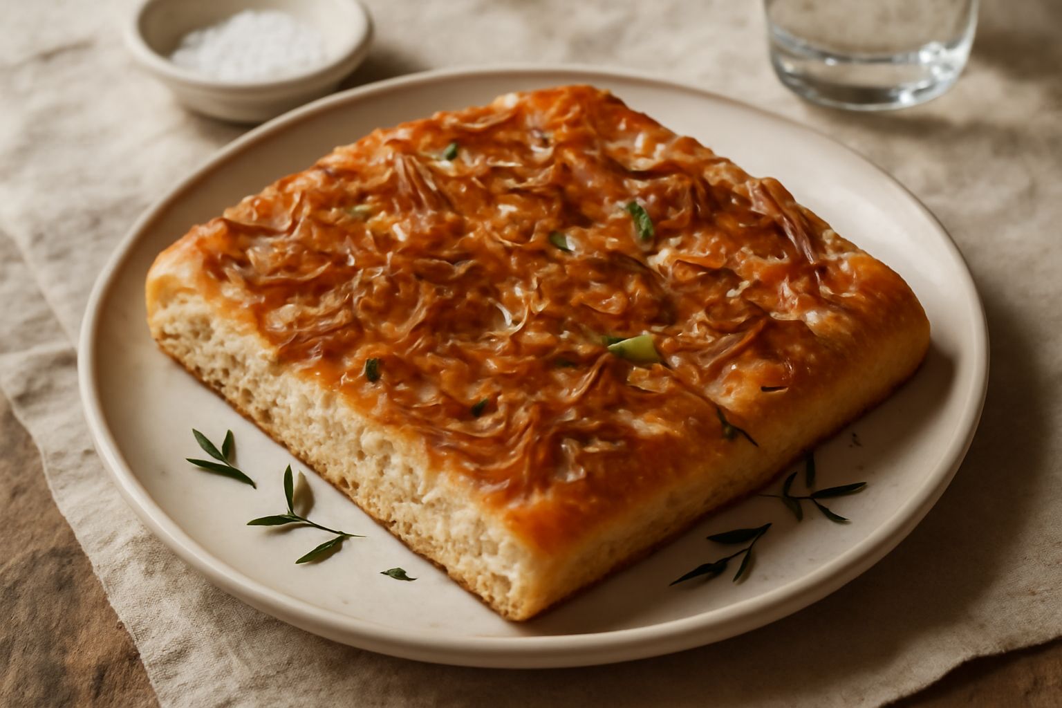 Focaccia d'onion tagliata a fette su un piatto bianco, con cipolle caramellate dorate visibili sulla superficie, olio d'oliva lucido, rosmarino fresco decorato, colore marrone dorato della crosta