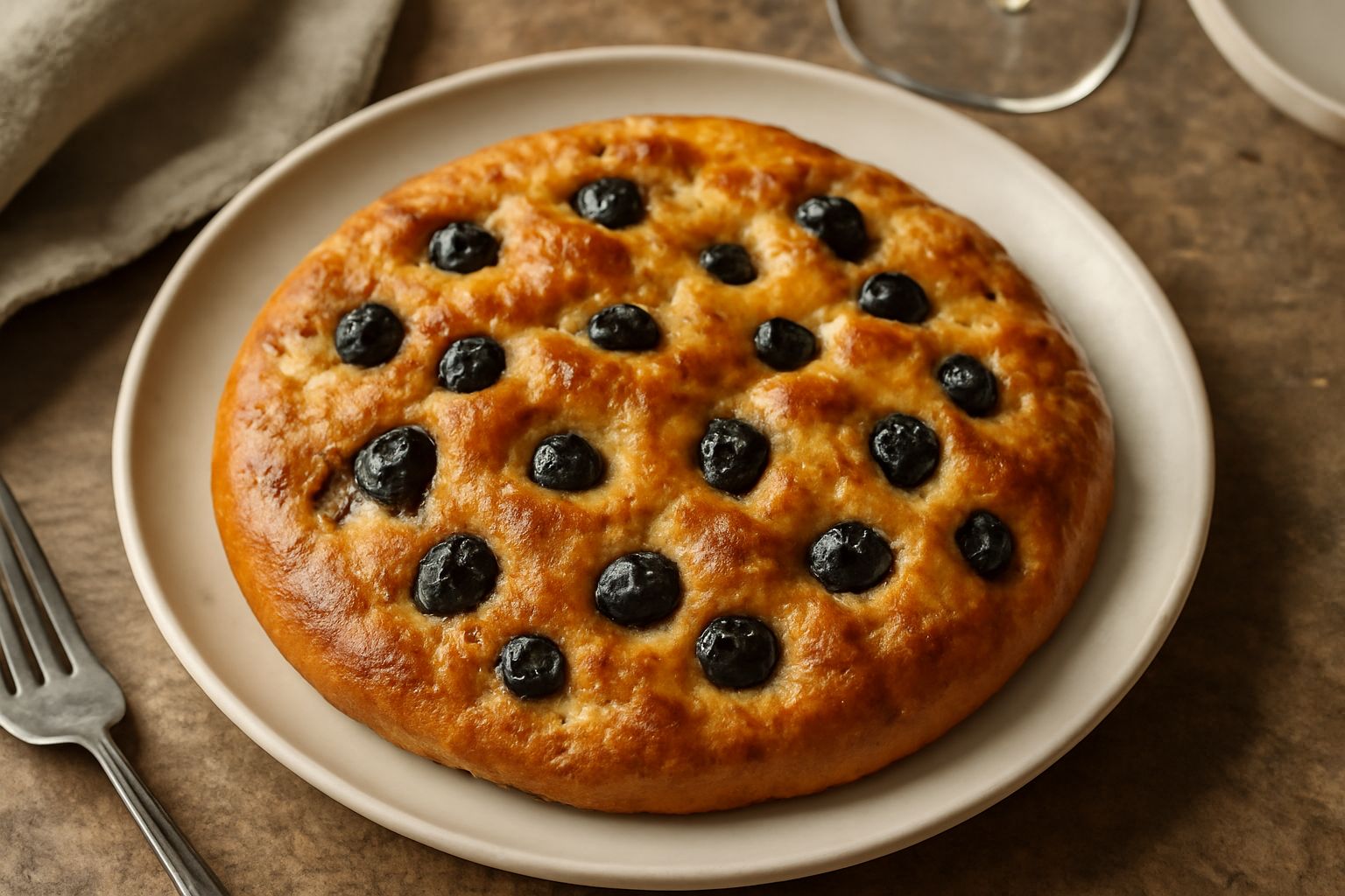 Focaccia d'uva appena sfornata, superfice dorata con grinze, chicchi d'uva passa sporgenti e brillanti di olio, servita su tavolo di legno con farina bianca sparsa intorno