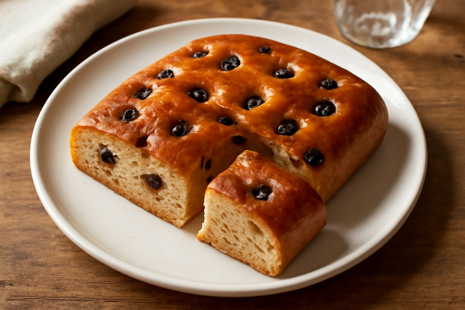 Focaccia d'uvetta appena sfornata su una carta da forno, con superficie dorata e lucida, sparse di uvetta passita scura visibile in superficie e ai lati, intera e leggermente ancora fumante