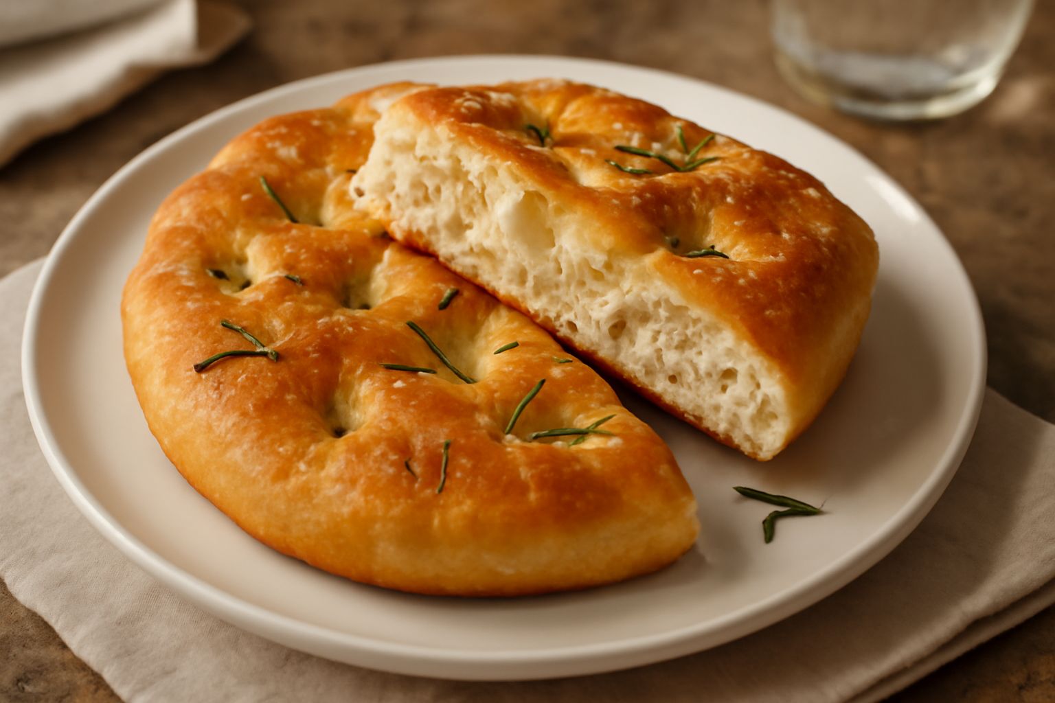 Focaccia emiliana appena sfornata, dorata e croccante in superficie, cosparsa di sale grosso e rosmarino fresco, servita su un tagliere di legno