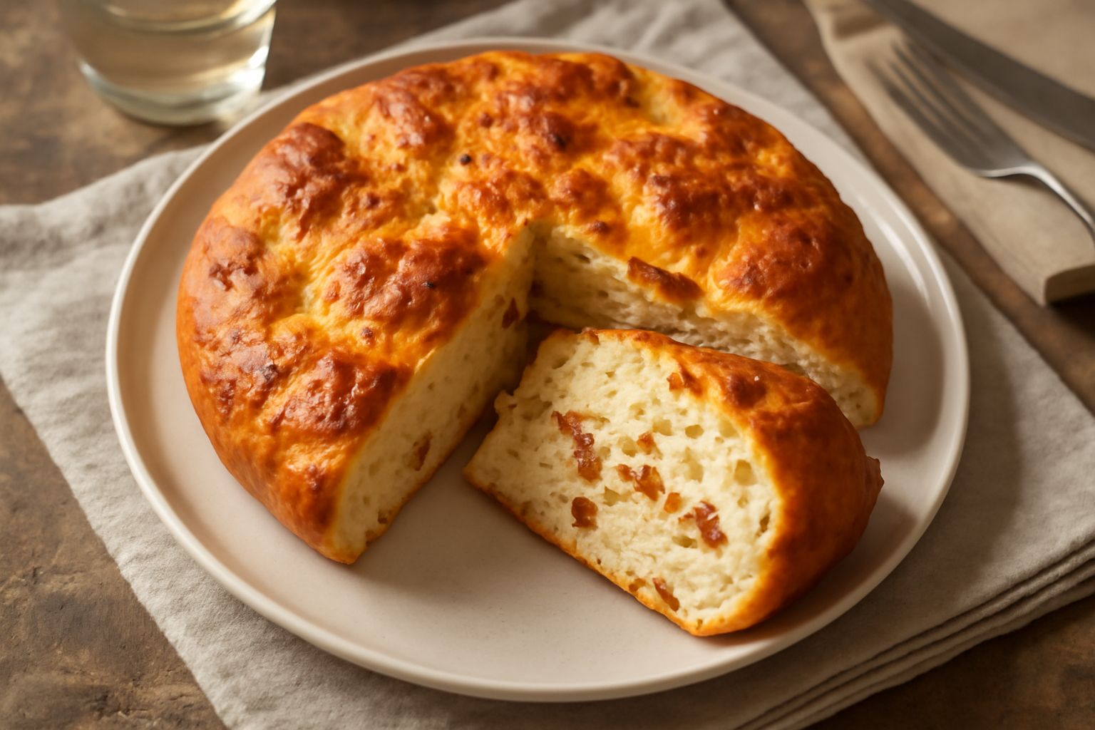 Focaccia ferrarese intera di colore dorato, con superficie irregolare e ricca, tagliata a metà che mostra l'interno soffice con ciccioli visibili e striature di grasso, su tavolo di legno con farina s