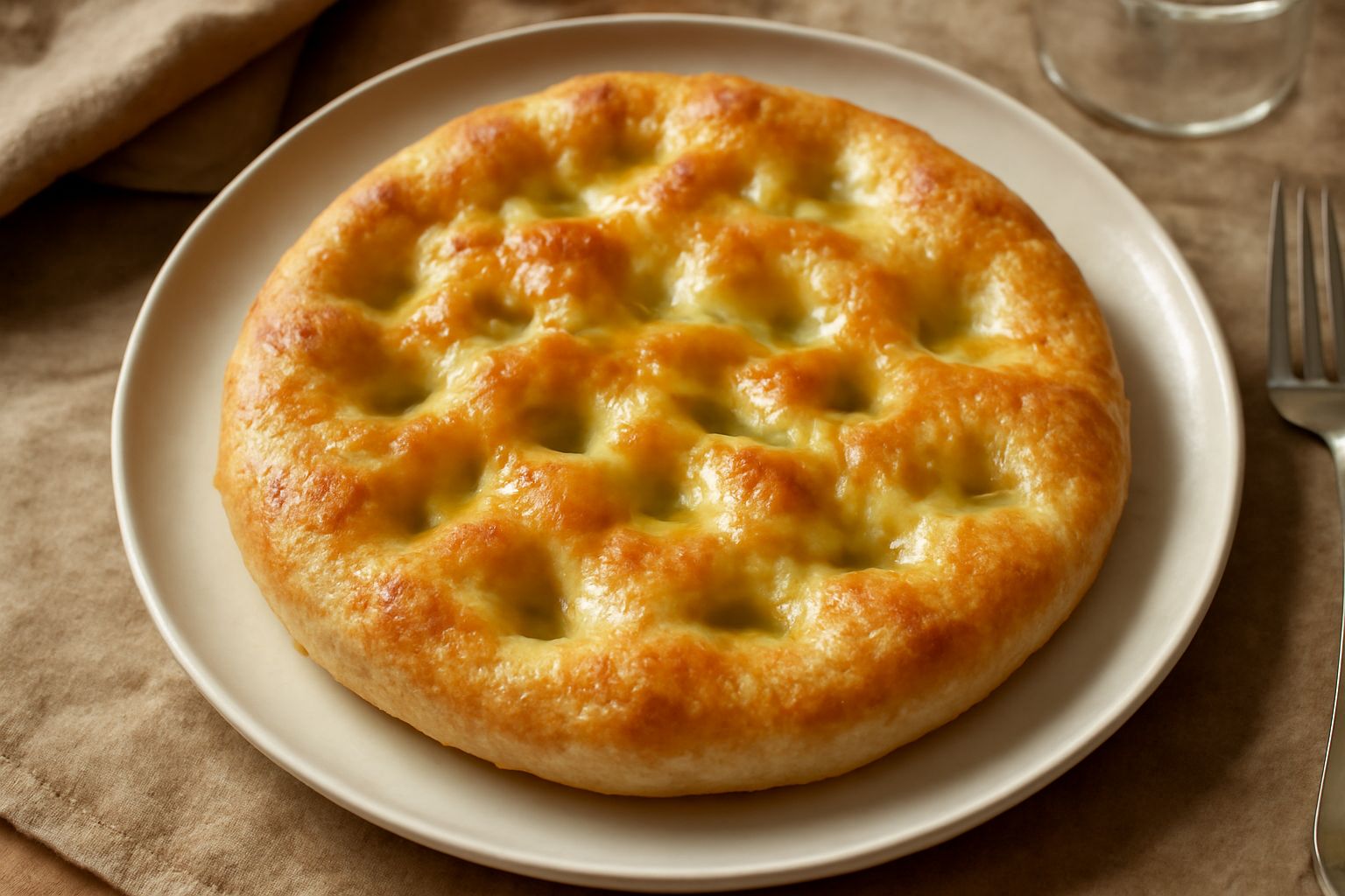 Focaccia folignate dorata appena sfornata, con superficie irregolare solcata, condita con olio lucido e aghi di rosmarino verde, poggiata su carta forno bianca