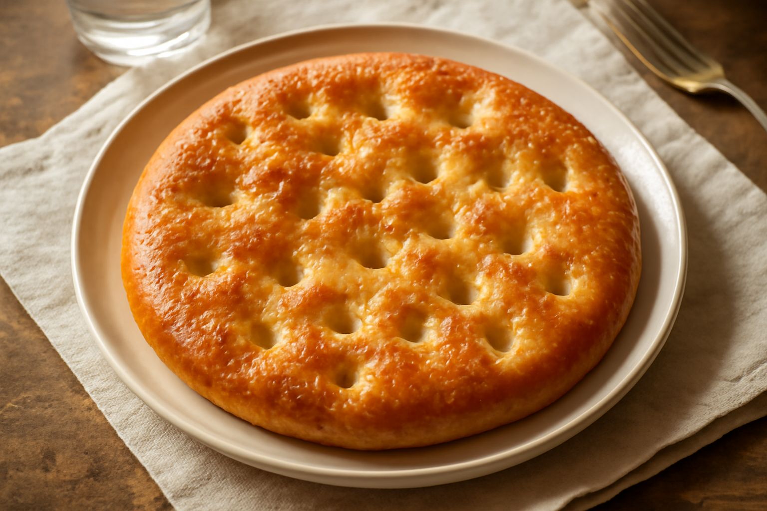 Focaccia friulana appena sfornata, dorata in superficie, con buchi irregolari dal dito che l'ha pressata, cosparsa di sale marino grosso e olio d'oliva brillante, posta su un piatto bianco accanto a u