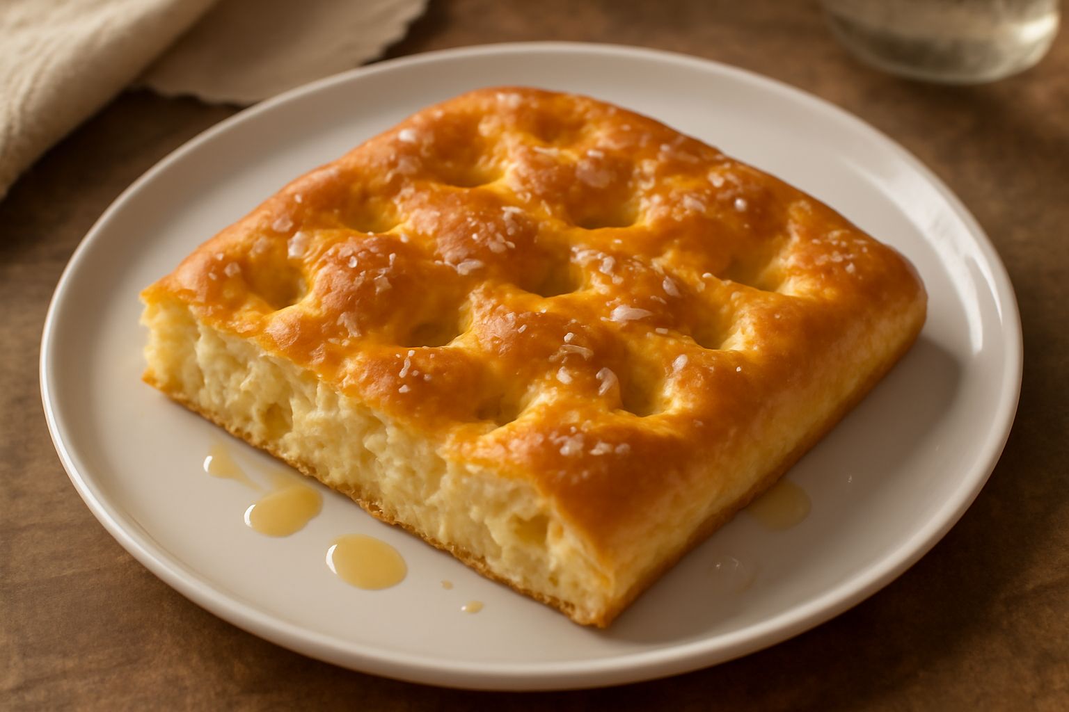 Focaccia genovese dorata su tavolo di legno, con fossette e cristalli di sale grosso in superficie, tagliata a fette, ripiena di olio d'oliva lucido