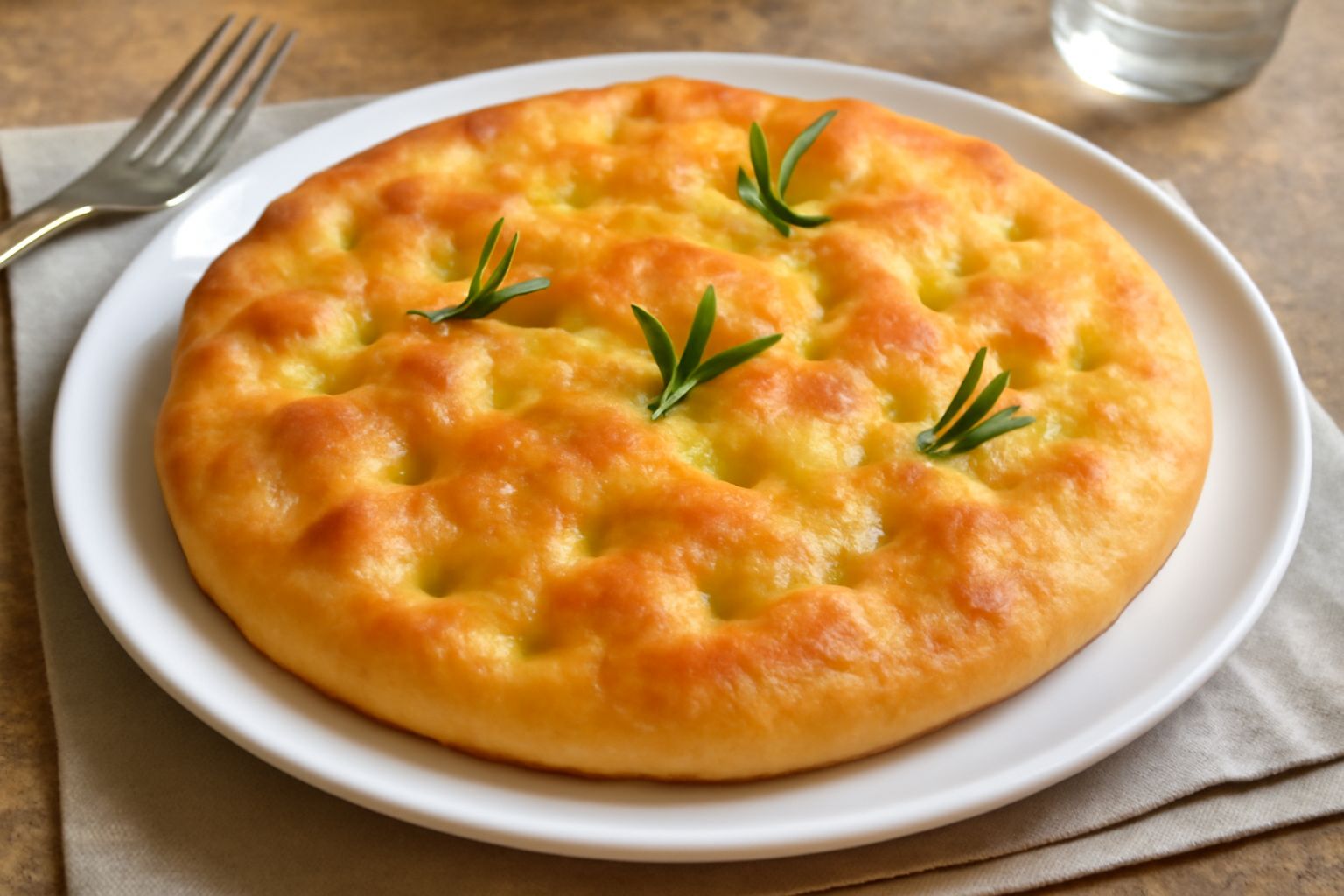 Focaccia goriziana dorata e soffice su carta bianca, con fossette profonde, gocce di olio e aghi di rosmarino fresco sparsi in superficie, contorno di teglia nera