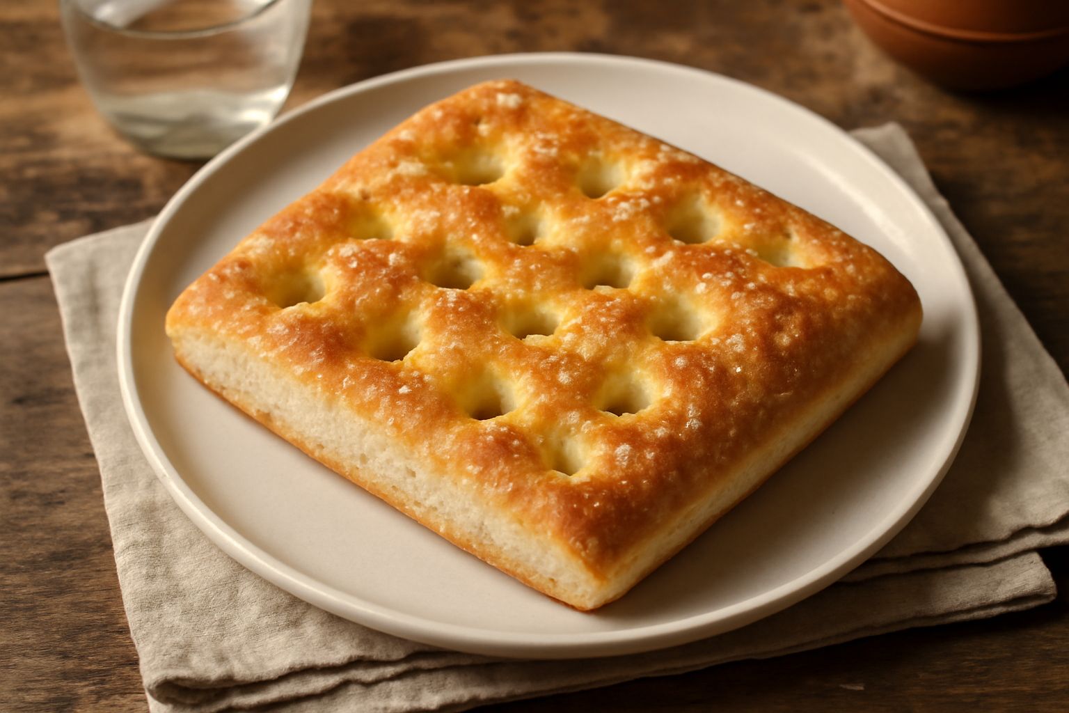 Focaccia ligure rettangolare dorata in una teglia, con fossette regolari, condita con olio d'oliva lucido e cristalli di sale grosso visibili, vapore appena uscito dal forno, contorno di rami di rosma
