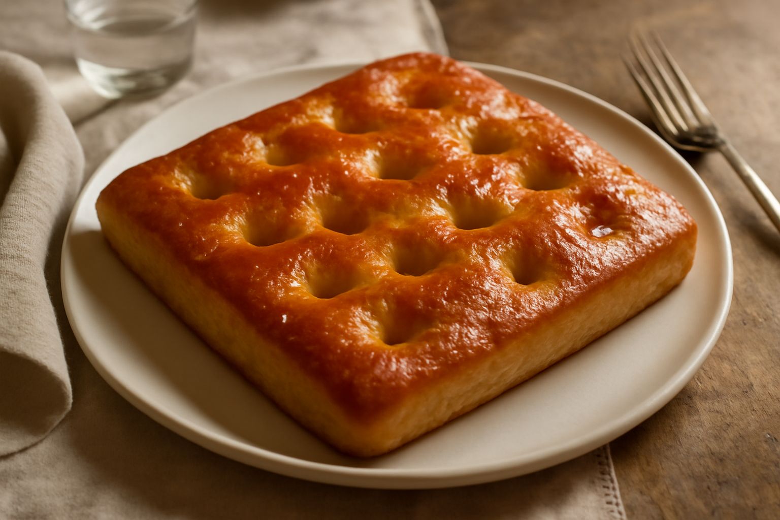 Focaccia mantovana intera rettangolare dorata su tagliere di legno, con buchettature profonde, strutto lucido in superficie, rosmarino fresco sparso sopra e gocce di sale grosso visibile
