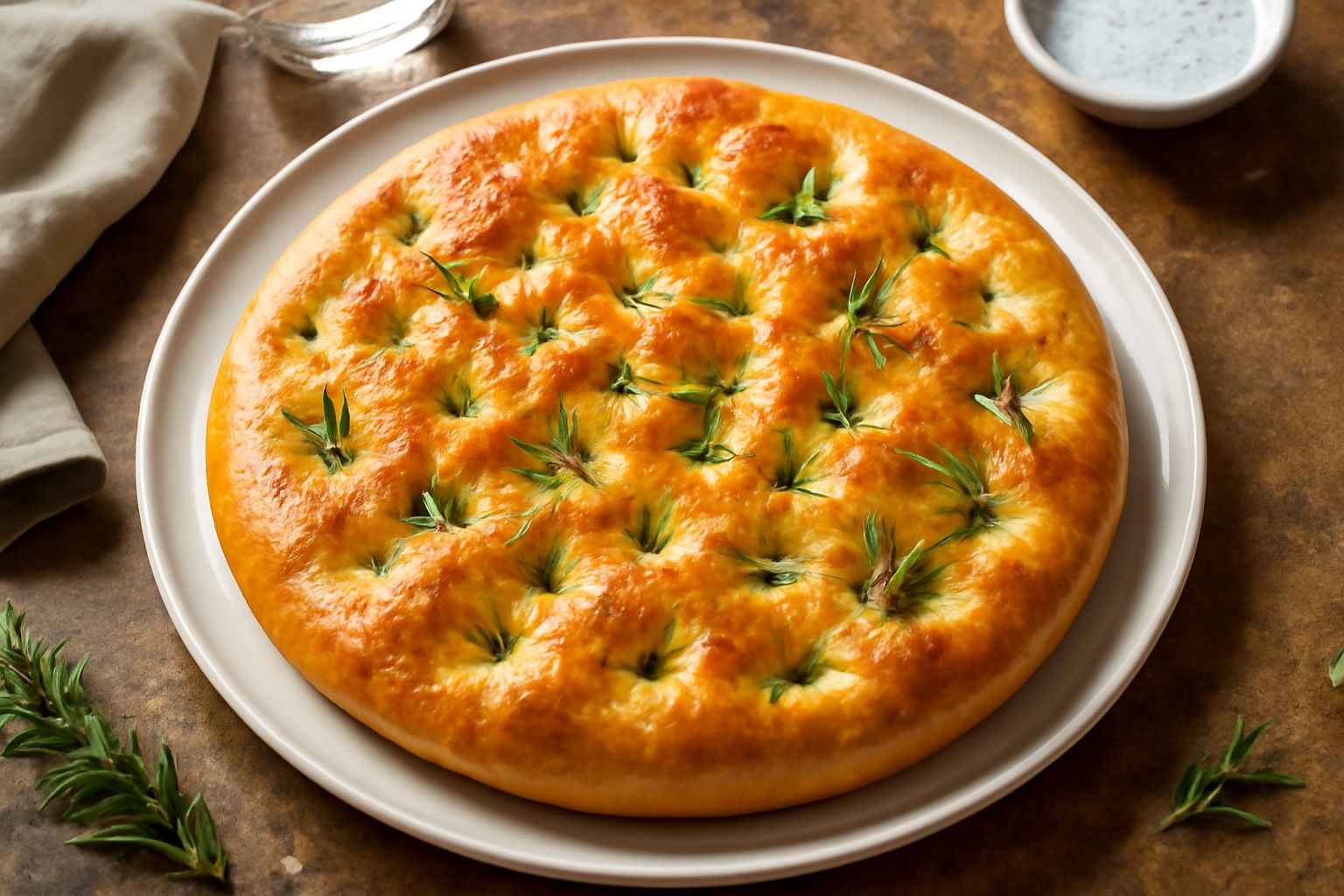 Focaccia marchigiana dorata appena uscita dal forno, coperta di fossette piene di olio, rosmarino fresco e grani di sale grosso, intera su carta da forno bianca