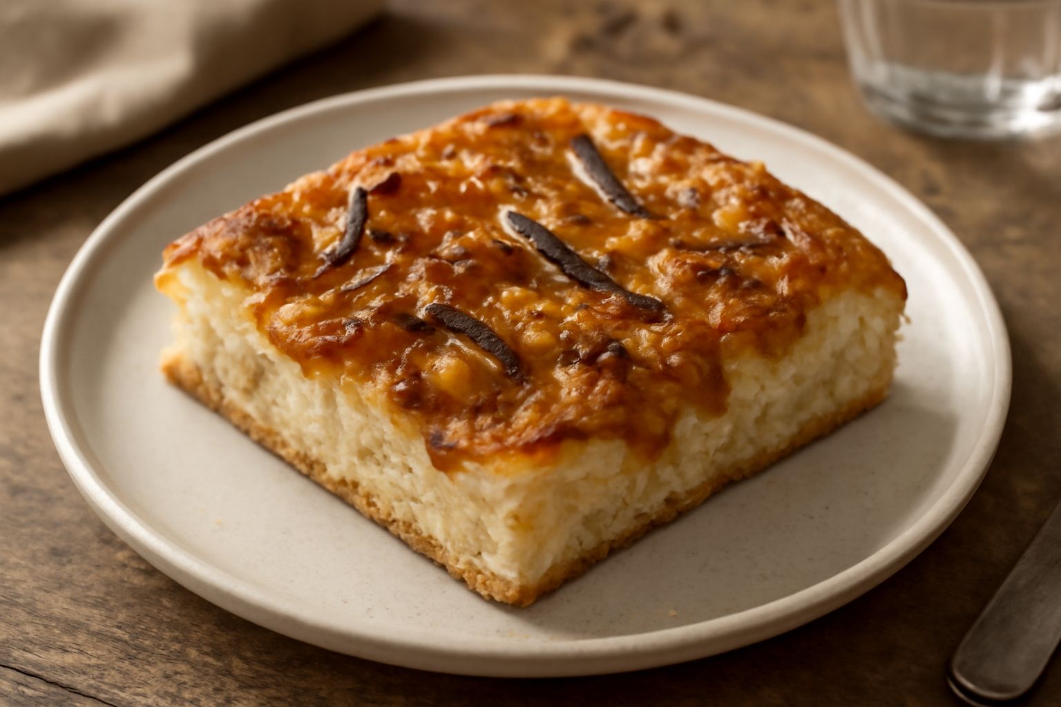 Focaccia messinese rettangolare appena sfornata, dorata e umida sulla superficie, con cipolla color ambra e filetti di acciuga visibili, servita su carta da forno bianca