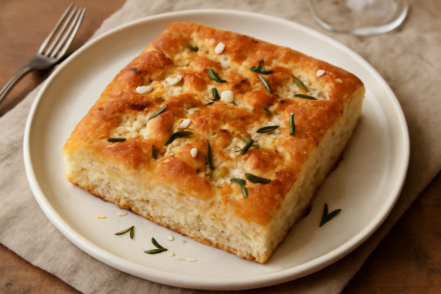 Focaccia modenese dorata su un piatto bianco, con superficie condita di lardo e rosmarino fresco, impasto visibilmente soffice e ricco di buchi di lievitazione