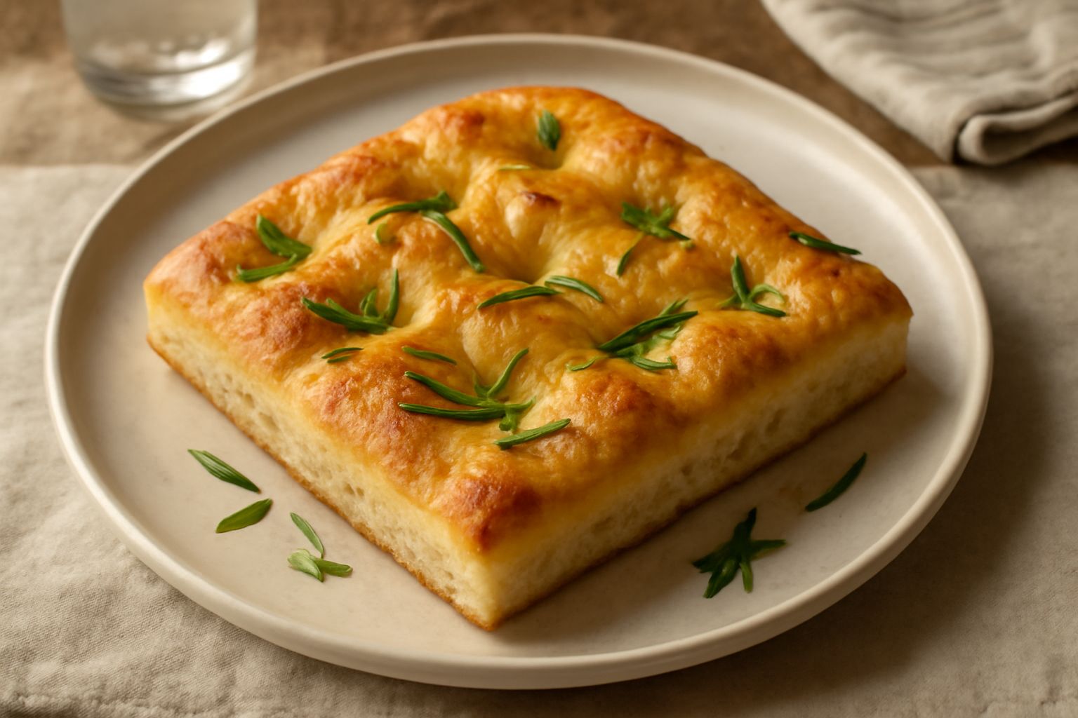 Focaccia molisana quadrata dorata su piatto bianco, con rosmarino fresco visibile sulla superficie, solchi marcati pieni di olio extravergine, tagli netti che mostrano la molla interna.