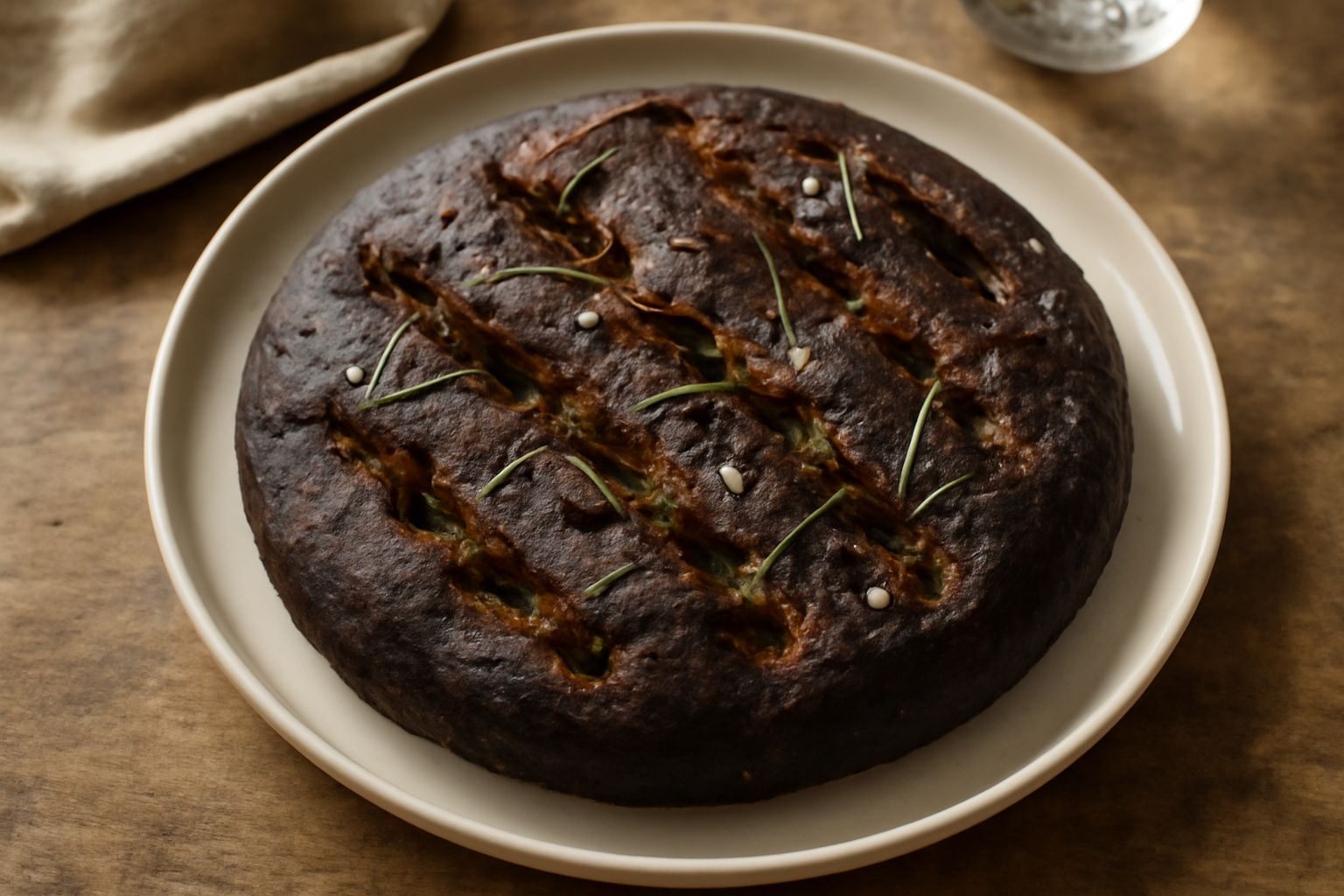 Focaccia nera con crosta scura e croccante, condita con rosmarino fresco, sale grosso e rivoli di olio di oliva, appena sfornata su un vassoio di carta bianca