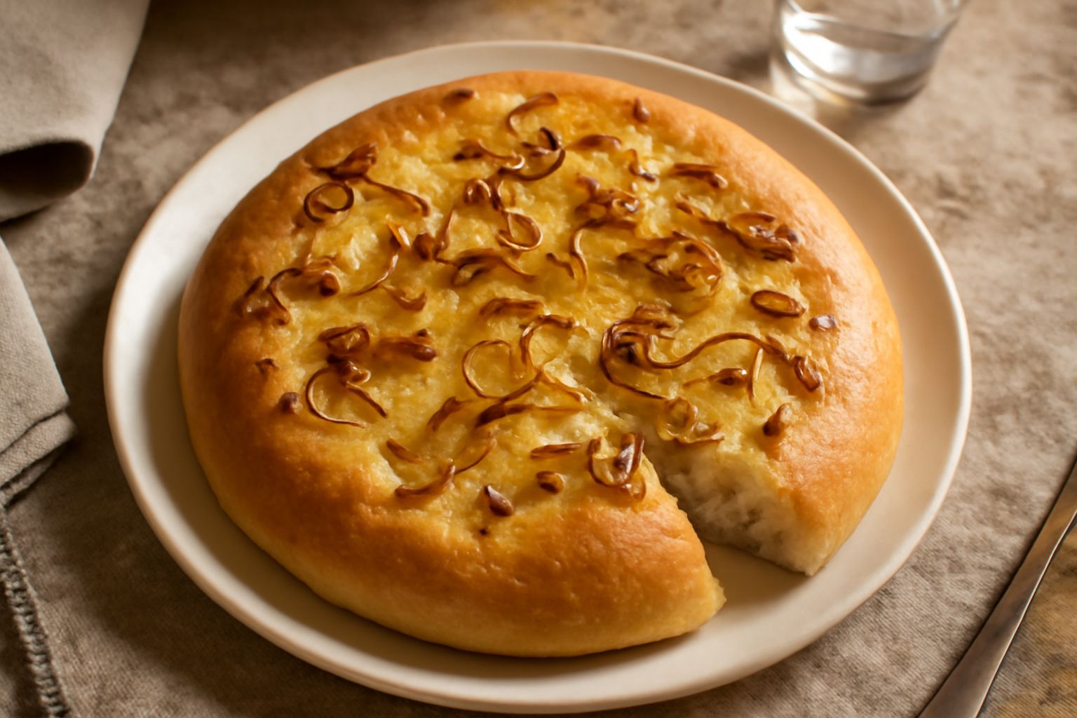 Focaccia novarese dorata e soffice su tavolo di legno, con cipolle caramellate visibili sulla superficie, rosmarino fresco, spicchi di aglio intorno