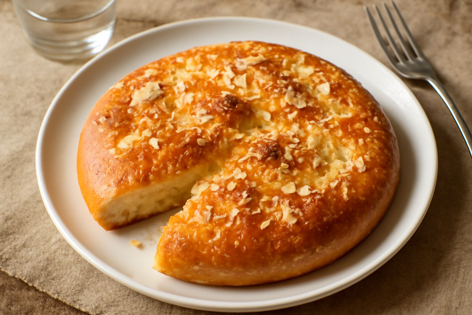 Focaccia parmigiana rettangolare dorata su teglia, con granelli di sale grosso visibili, parmigiano grattugiato croccante sulla superficie, profumo di rosmarino fresco
