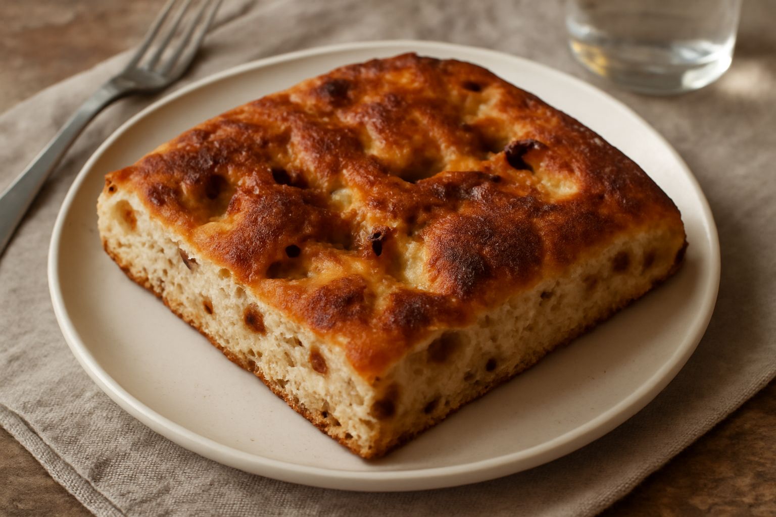 Focaccia pavese appena sfornata, bassa e rettangolare, con superficie dorata e leggermente brillante, ciccioli visibili sulla parte superiore, tagliata a fette che mostrano l'interno soffice e la dist