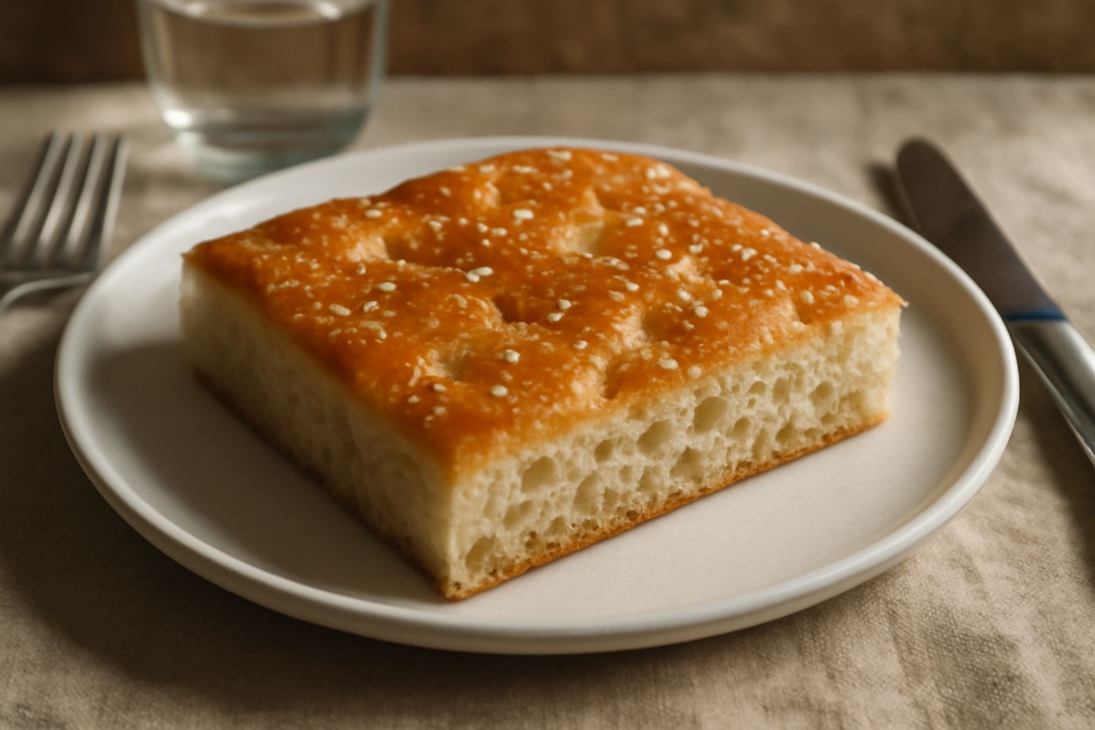 Focaccia perugina quadrata, dorata in superficie, con cristalli di sale grosso visibili e piccoli buchi dovuti alla lievitazione, poggiata su un piatto bianco