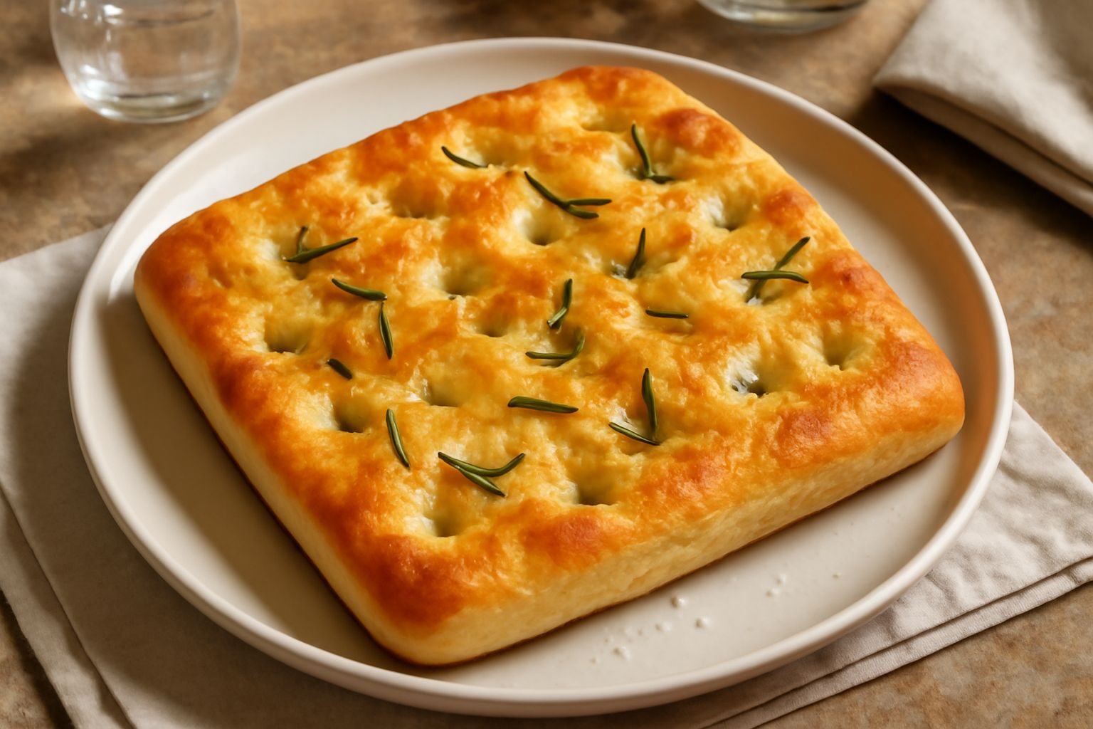 Focaccia piacentina rettangolare dorata con buchi regolari in superficie, cosparsa di rosmarino fresco verde scuro e granelli di sale marino grosso, poggiata su carta bianca su un tavolo di legno