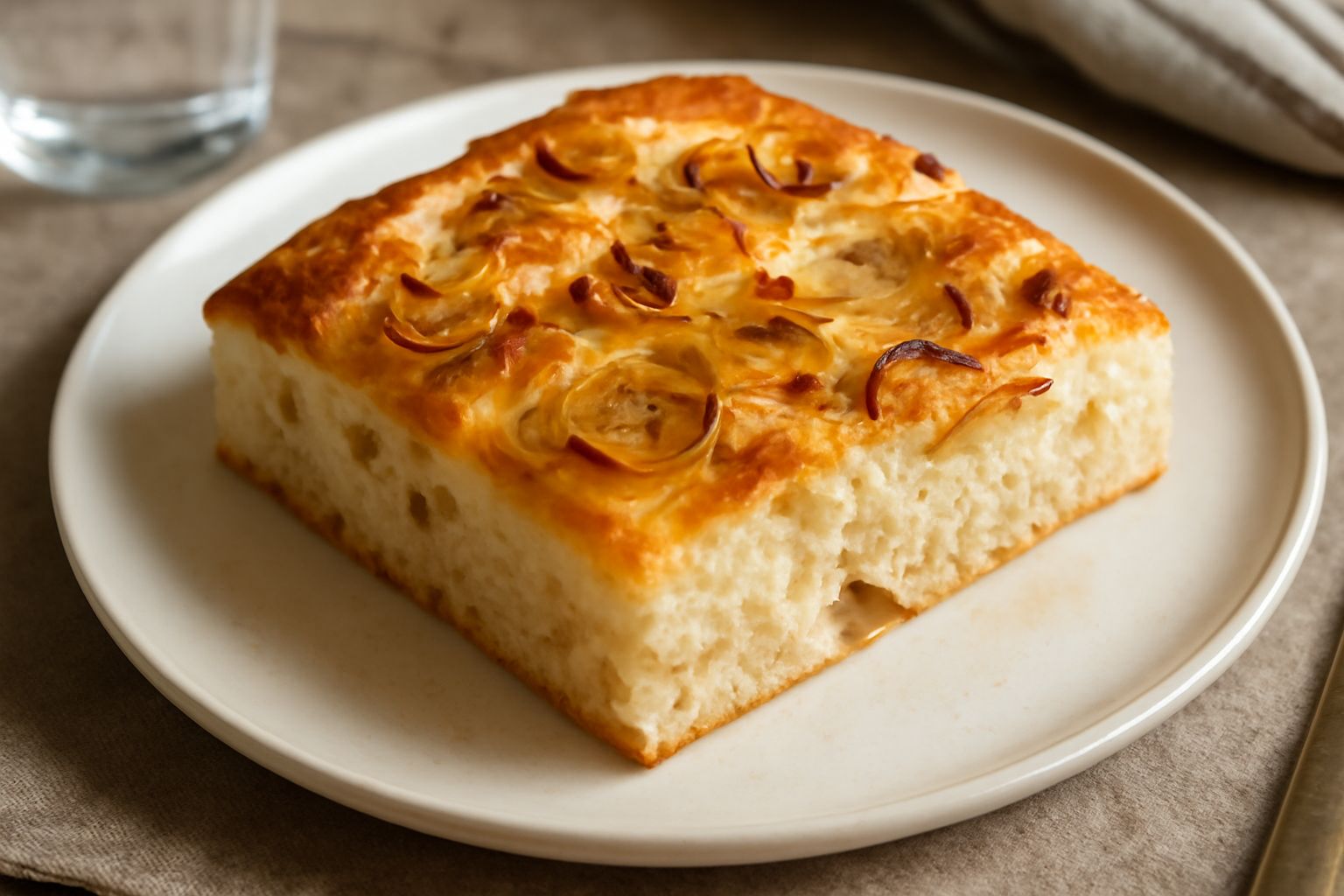 Una focaccia piemontese tagliata a metà sul piano di lavoro, con cipolle bianche e dorate ben visibili sulla superficie, superficie dorata e lucida, migliarino croccante visibile al taglio