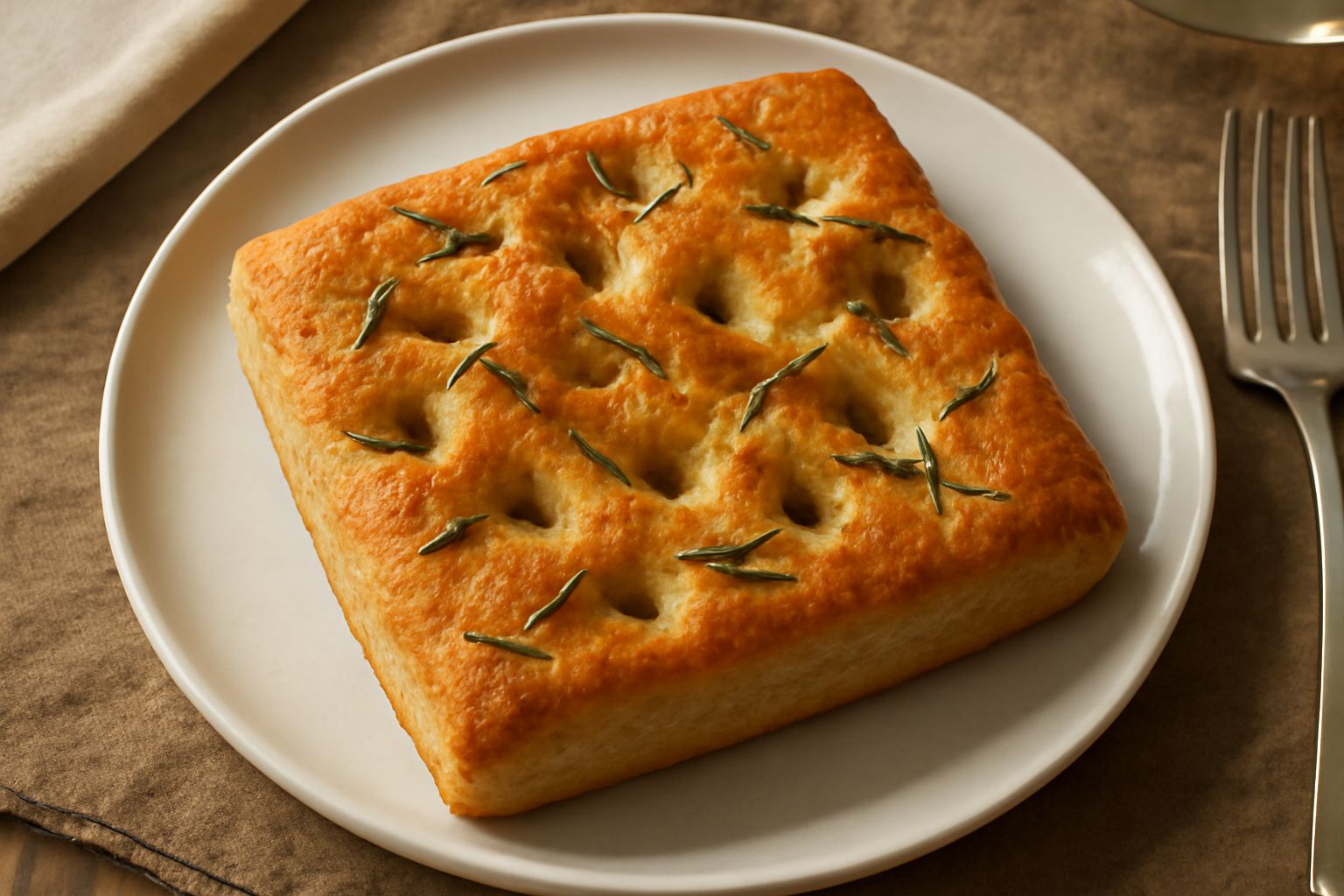 Focaccia pisana dorata e oleosa con fossette profonde e aghi di rosmarino fresco, tagliata a quadrotti su un tagliere di legno chiaro