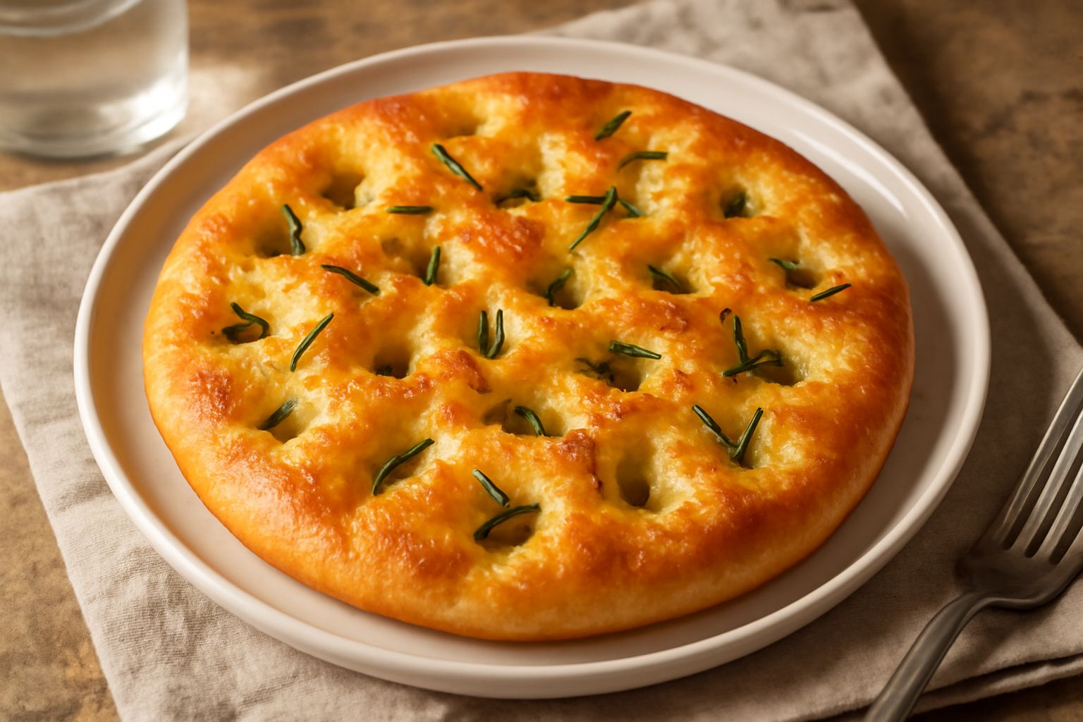 Focaccia pontina color oro con fossette profonde piene di olio d'oliva, rosmarino e cristalli di sale grosso, poggiata su carta bianca