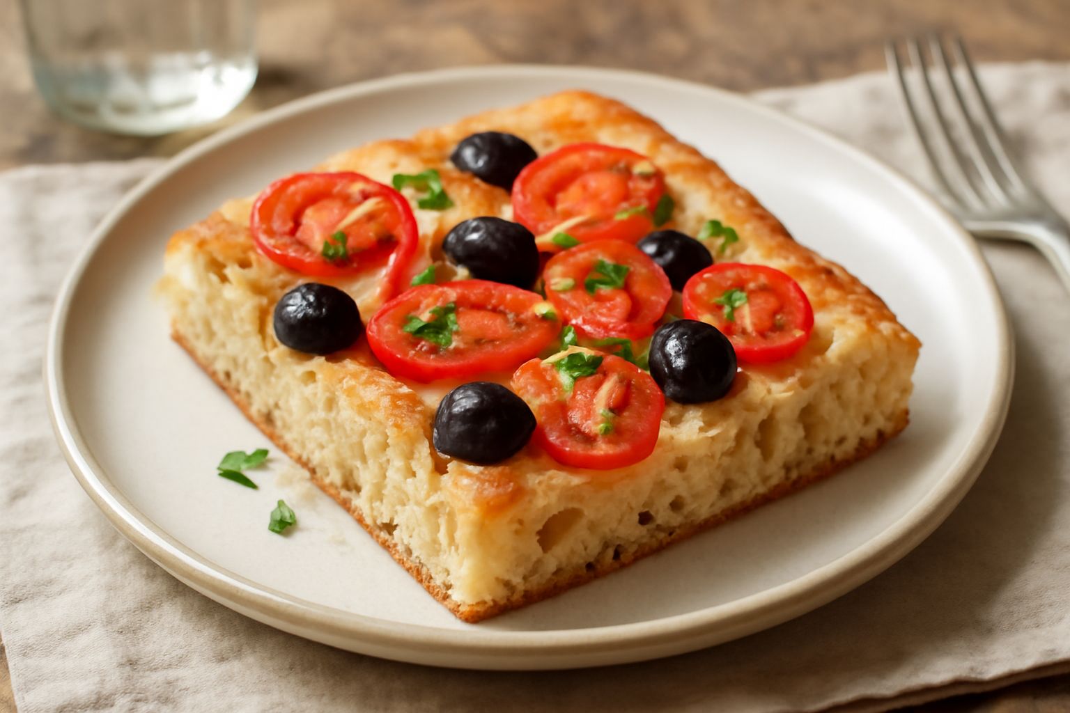Focaccia ragusana rettangolare su teglia, superficie dorata e irregolare, cosparsa di pomodori a fette, olive nere, cristalli di sale grosso e origano fresco verde, ancora tiepida
