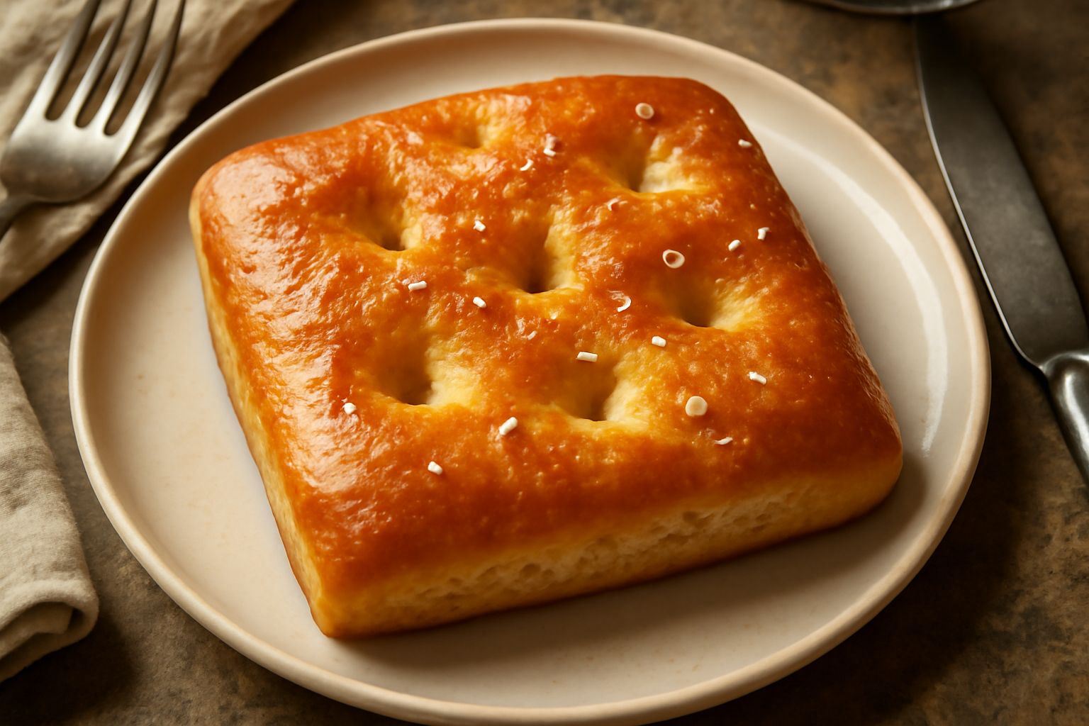 Focaccia reggiana dorata su un piatto bianco, superficie cosparsa di olio brillante e cristalli di sale grosso, tagliata a metà mostrando la mollica soffice e alveolata