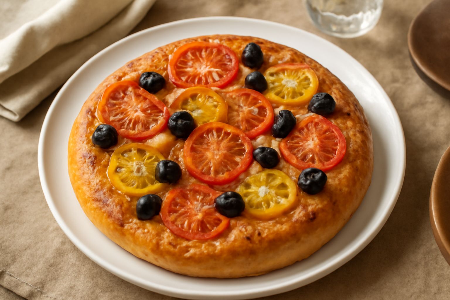 Una focaccia reggina intera, tonda e dorata, con pomodori rossi tagliati a fette sparse in superficie, cipolla bianca e olive nere, servita su un piatto bianco con un filo d'olio d'oliva