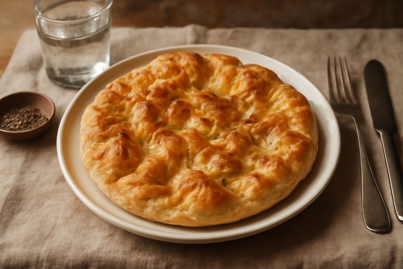Focaccia riccia appena sfornata con superficie ondulata dorata, olio brillante nelle pieghe, rosmarino fresco sparso in superficie su teglia di carta da forno
