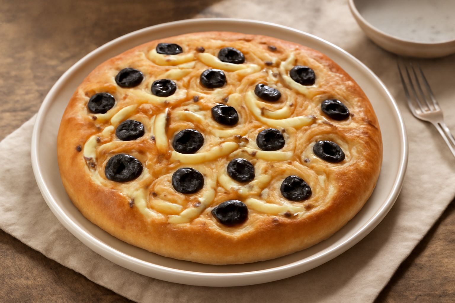 Focaccia riminese appena sfornata, crosta dorata e brillante d'olio, ricoperta di olive nere tagliate a spicchi e striscie sottili di cipolla bianca, servita su un canovaccio di lino beige