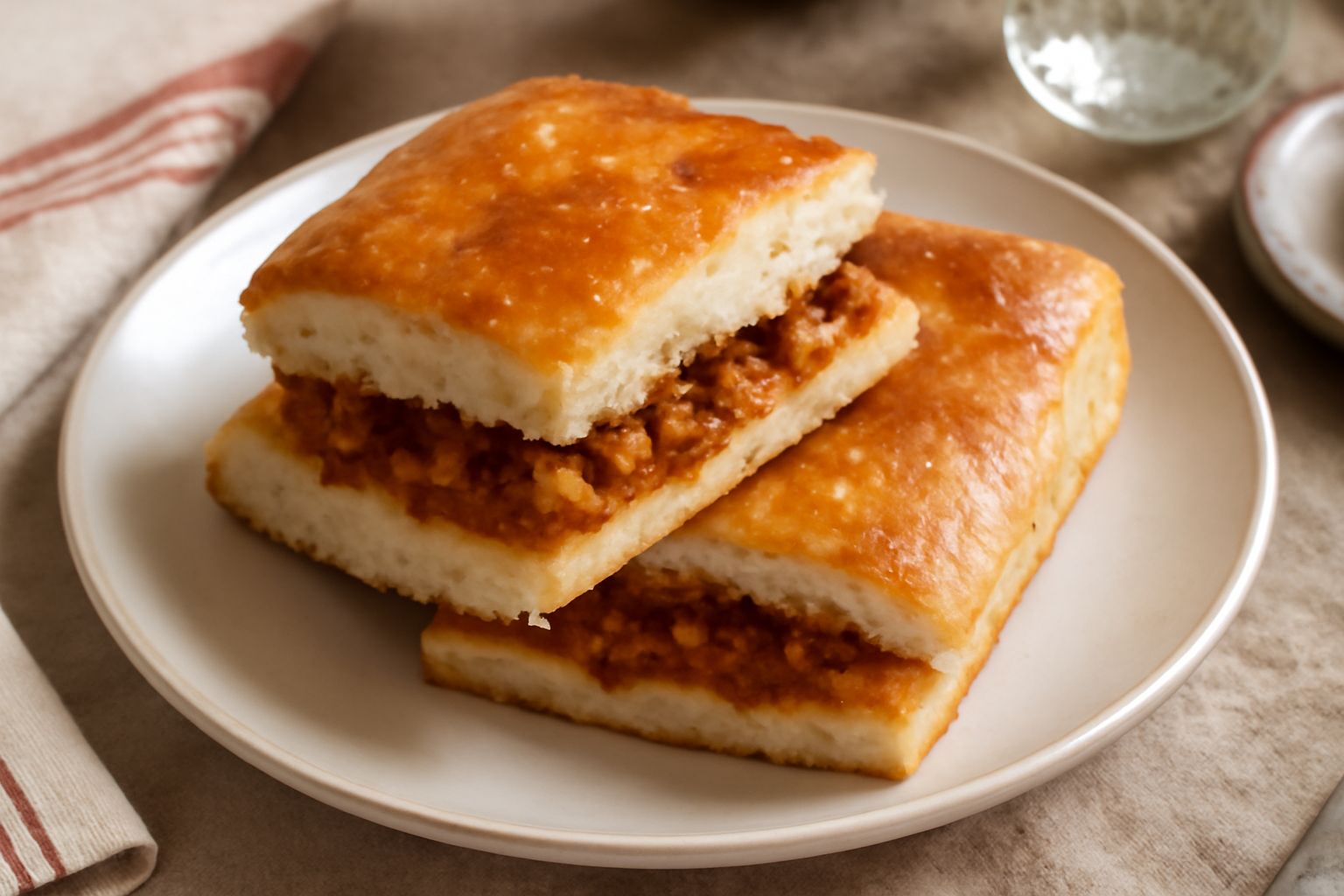 Focaccia ripiena di ragù tagliata a metà su un tagliere di legno, con ragù marrone scuro visibile all'interno, superficie dorata e croccante, guarnita con rosmarino fresco
