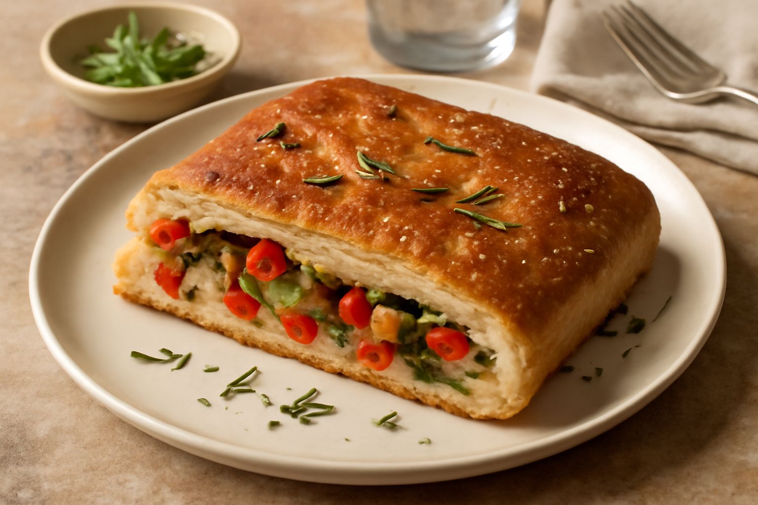 Focaccia ripiena tagliata a fette, con verdure visibili all'interno (zucchine verdi, pomodori rossi, melanzane violacee), superficie dorata e croccante cosparsa di sale marino grosso e rosmarino fresc