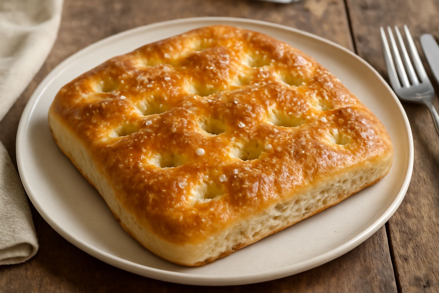 Focaccia romagnola dorata e bolliccinosa appena sfornata, cosparsa di sale grosso e segnata dalle impronte delle dita, con superficie lucida d'olio d'oliva in un vassoio rettangolare