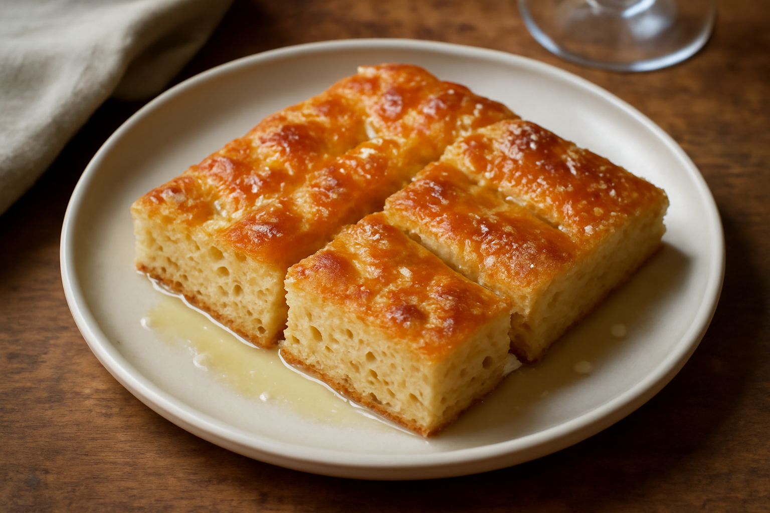 Focaccia romana quadrata appena sfornata, dorata e lucida di olio, con cristalli di sale grosso sparsi sulla superficie, servita su un piano di legno