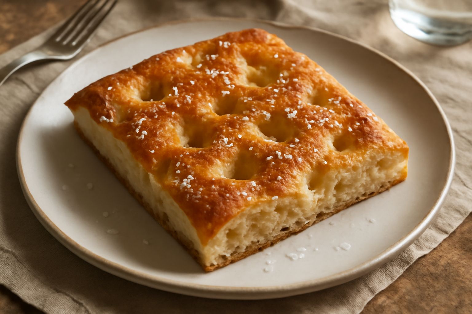 Focaccia salata dorata e croccante in superficie con fossette profonde piene di olio, granelli di sale grosso sparsi, tagliata a fette su un tavolo di legno rustico