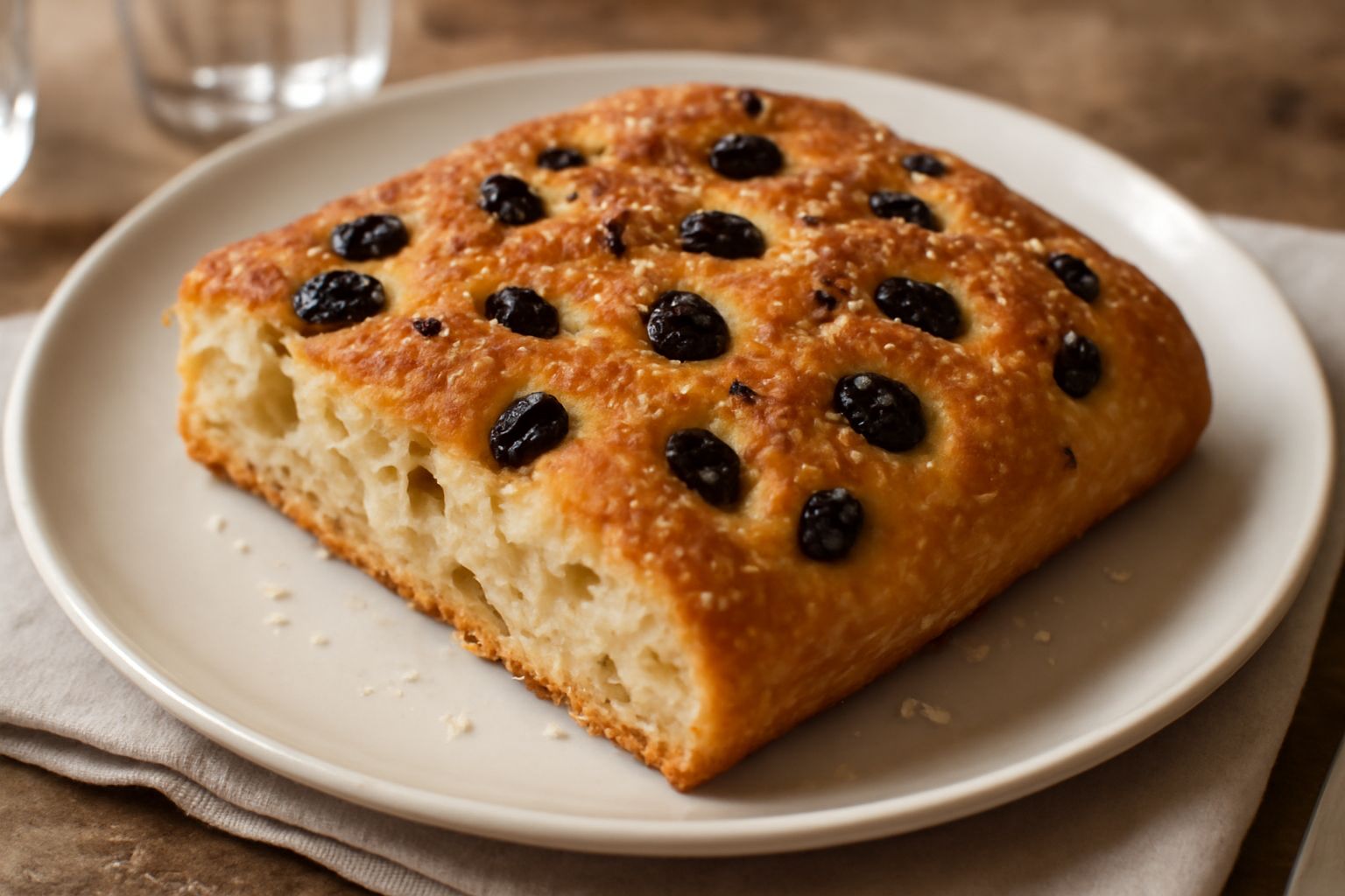 Focaccia salata triestina appena sfornata, color dorato con sale grosso e olive nere visibili sulla superficie, tagliata a quadretti, su un piatto bianco rustico.