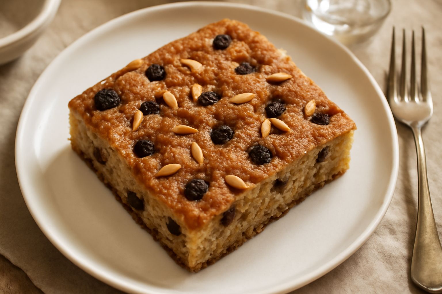 Focaccia senese intera e affettata su tagliere di legno, dorata in superficie con uvetta e pinoli visibili, vapore ancora caldo dalla cottura