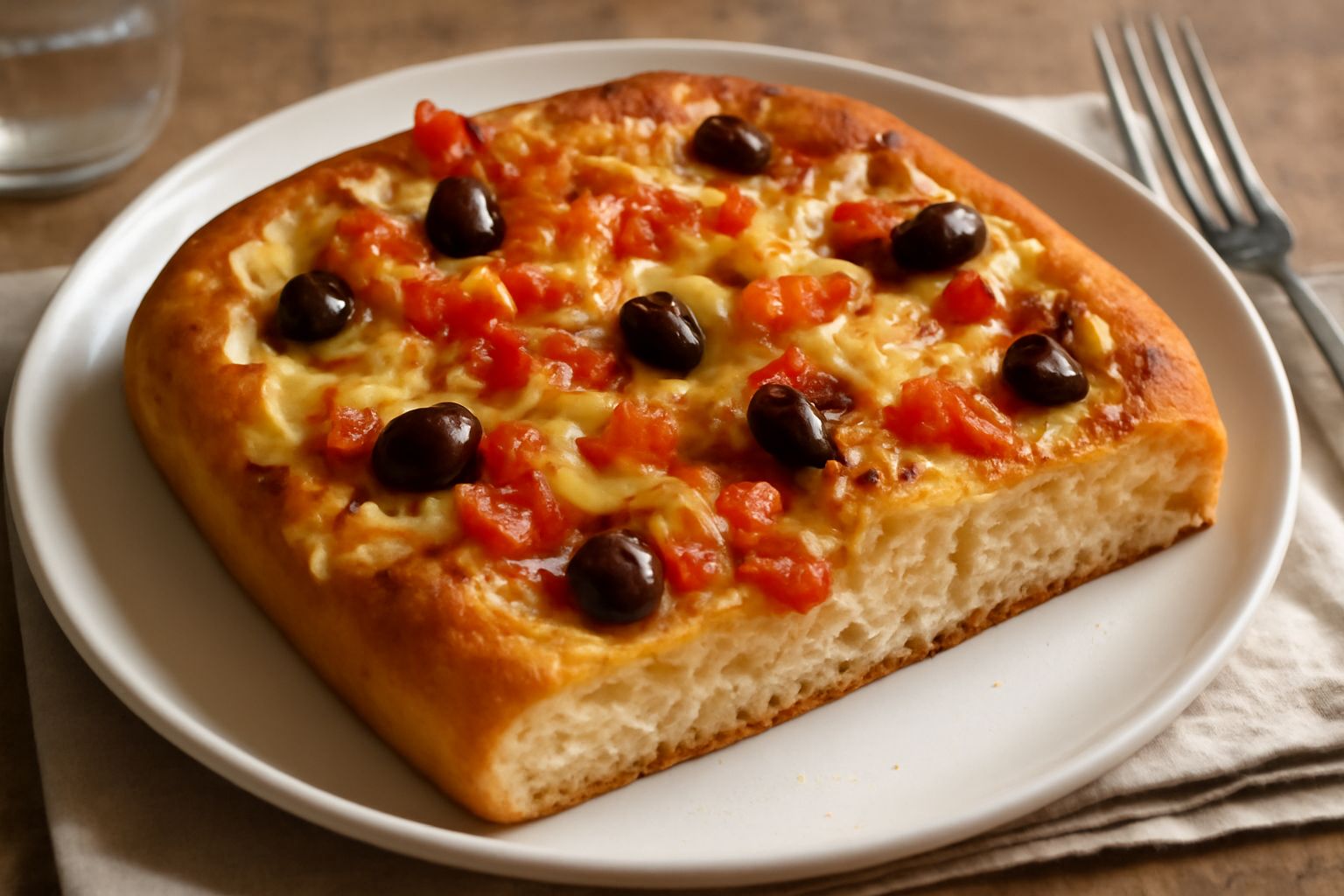 Focaccia siciliana tagliata a fette su un tagliere di legno, con pomodori rossi e olive nere visibili sulla crosta dorata, vapore ancora caldo dalla cottura