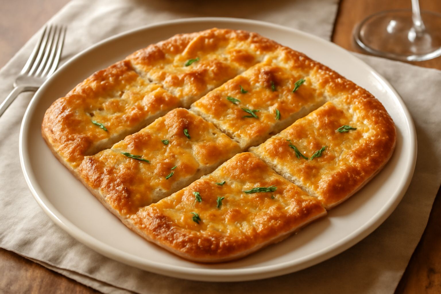 Focaccia sottile dorata e croccante appena sfornata, cosparsa di sale grosso e rosmarino, tagliata in rettangoli su un vassoio bianco, con gocce di olio d'oliva lucente in superficie