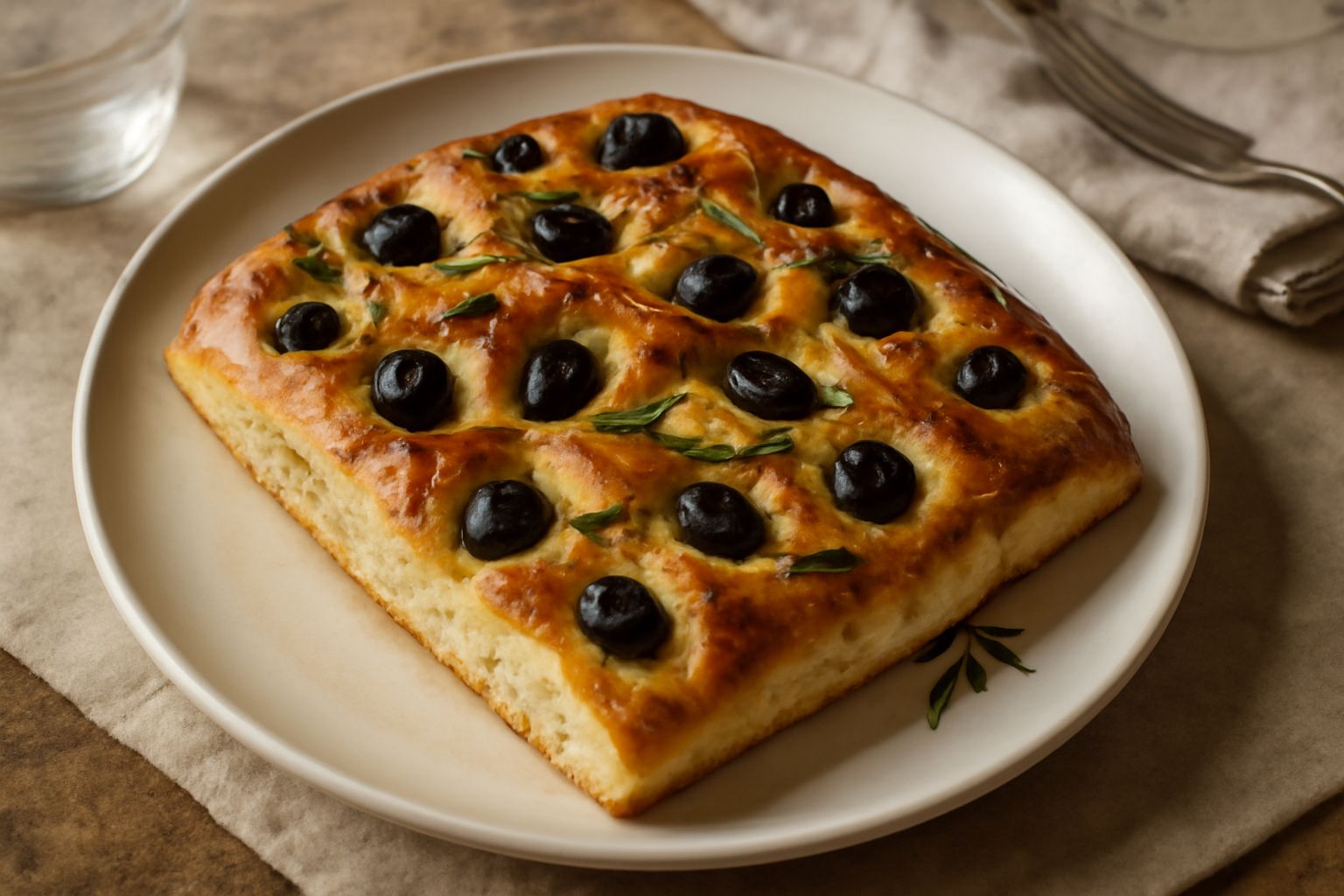 Focaccia spallinata dorata, con olive nere sparse in superficie, rosmarino fresco visibile, bordi croccanti, tagliata a rettangolo su un piatto bianco con una fetta staccata