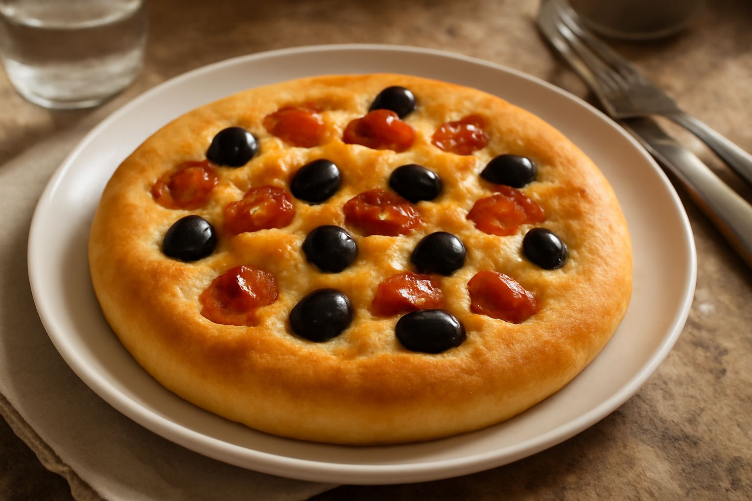 Focaccia teramana rotonda, dorata in superficie, con pomodorini rossi e olive nere distribuite uniformemente, olio lucido, bordi leggermente gonfi, servita su tavolo di legno rustico