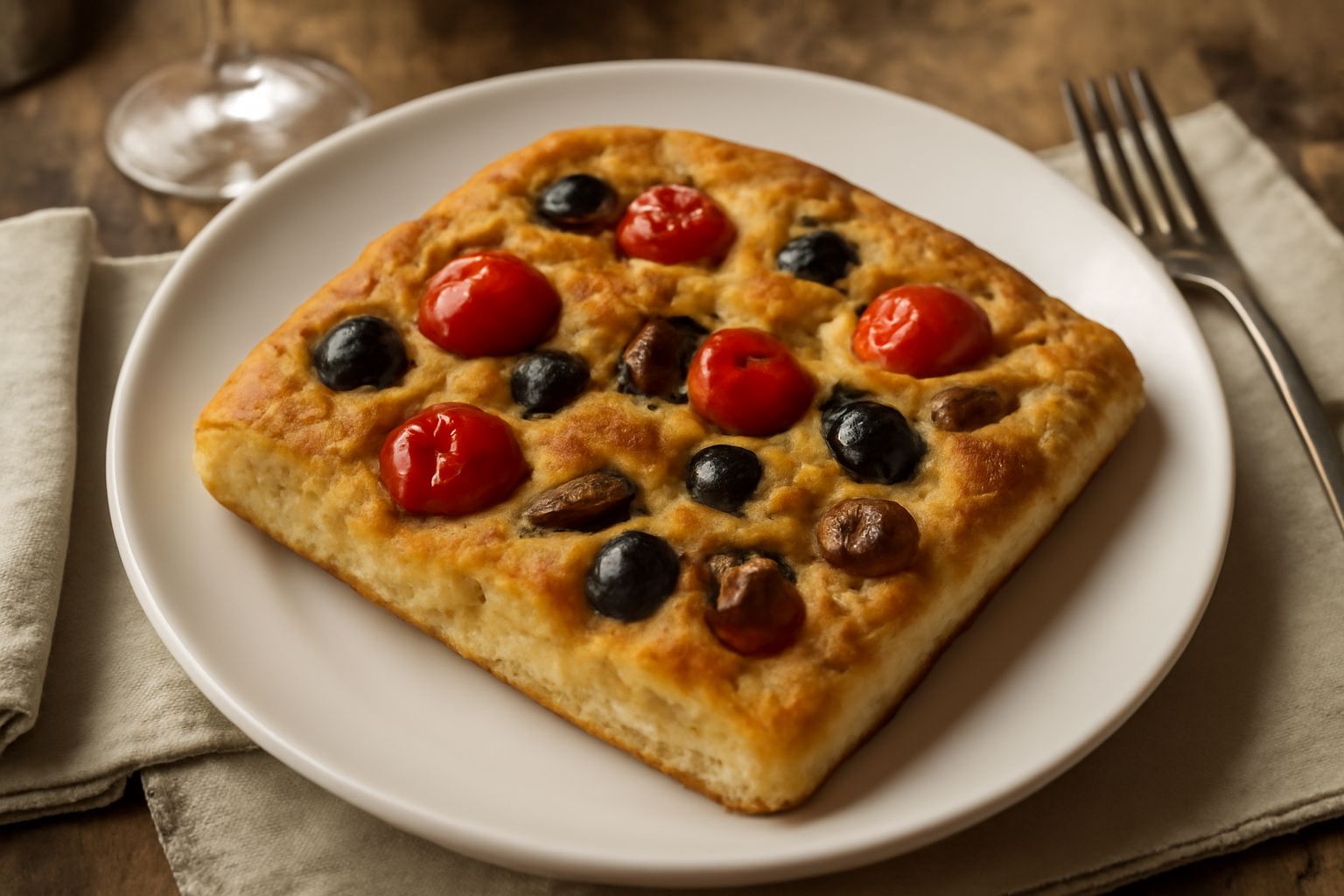 Focaccia termolese rettangolare dorata con pomodori ciliegini rossi, olive nere, fette di cipolla bianca e grani di sale grosso in rilievo sulla superficie, su un tavolo di legno chiaro con filo bianc